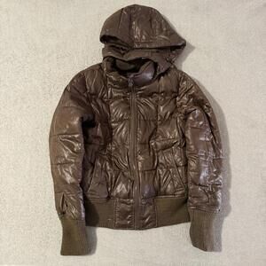 Old Navy Women’s M Brown Hooded Puffer Jacket Faux Leather Quilted Winter Coat